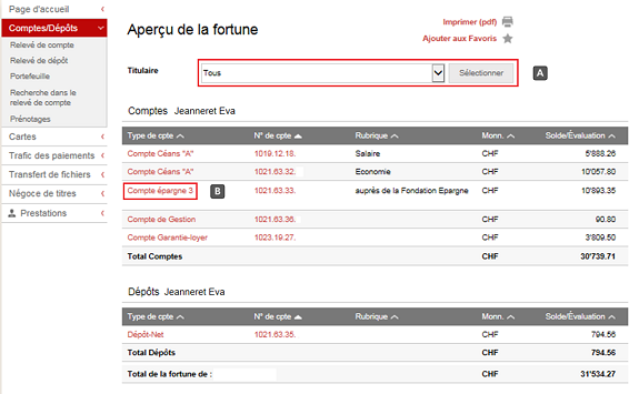 BCN-Netbanking - Menu Comptes et Dépôts